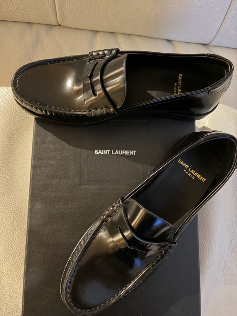 Saint Laurent Black Leather Penny Loafers - Gloss Finish